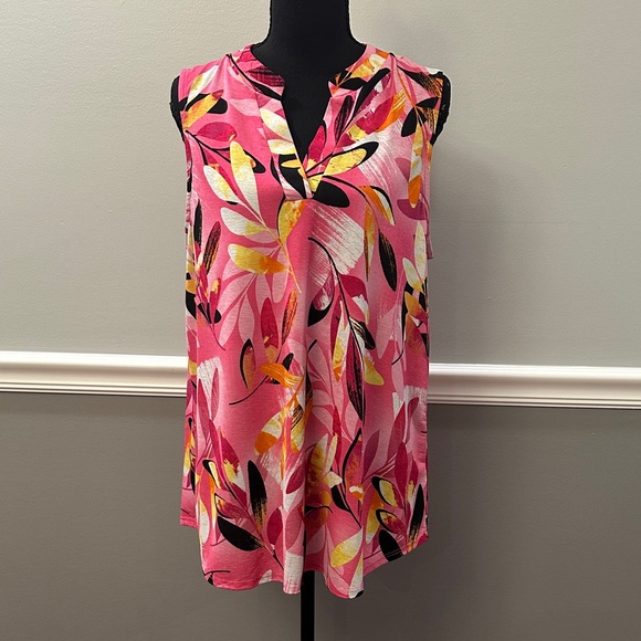 Dear Scarlett Tops - Dear Scarlett Vibrant Pink and Yellow Leaf Blouse